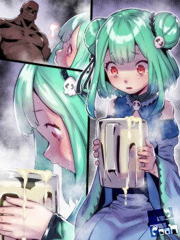 1boy 1girl aqua_hair bare_shoulders blue_dress butterfly-shaped_pupils commentary_request commission cum cum_in_container cum_in_cup cup dark-skinned_male dark_skin detached_sleeves double_bun dress gokkun hair_bun hair_ornament hetero holding holding_cup hololive mug petite pixiv_commission red_eyes skull_hair_ornament soon_(c-u-soon) symbol-shaped_pupils tearing_up uruha_rushia