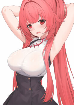 Rule 34 | 1girl, armpits, arms up, black skirt, blush, breasts, chaos zero nightmare, commentary request, high-waist skirt, highres, large breasts, long hair, looking at viewer, mei lin (chaos zero nightmare), open mouth, pak ce, presenting armpit, red eyes, red hair, shirt, skirt, solo, very long hair, white background, white shirt
