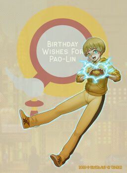 1girl androgynous aqua_eyes blonde_hair character_name commentary electricity electrokinesis english_commentary english_text full_body heart heart_hands highres hood hood_down hoodie huang_pao-lin long_sleeves open_mouth orange_shoes pants reverse_trap shoes short_hair smile solo soragsilverwind tiger_&amp;_bunny tomboy tumblr_username very_short_hair yellow_pants