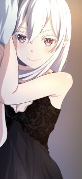 1girl absurdres bare_arms black_dress breasts cleavage closed_mouth colored_eyelashes dress echidna_(re:zero) grey_background hair_between_eyes highres long_hair looking_at_viewer lying medium_breasts na-suke nightgown on_bed on_side pov_across_bed re:zero_kara_hajimeru_isekai_seikatsu red_eyes silver_hair sleepwear sleeveless sleeveless_dress smile solo straight_hair white_eyelashes