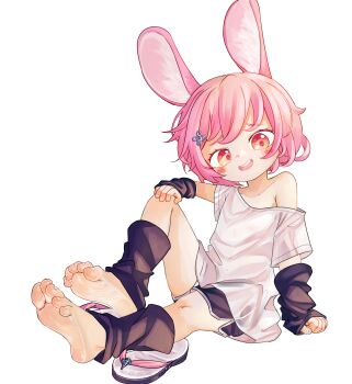 1girl animal_ears barefoot black_shorts chaosexceed commentary english_commentary feet foot_focus highres original paid_reward_available pink_hair rabbit_ears shirt shorts simple_background soles solo toes white_background