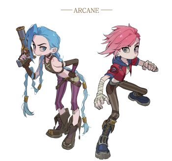 2girls absurdres aqua_eyes aqua_hair arcane:_league_of_legends arcane_jinx arcane_vi arm_tattoo bandaged_arm bandaged_hand bandages bandaid bandaid_on_leg bare_shoulders black_gloves black_shirt blue_boots boots braid breasts brown_boots brown_pants cloud_tattoo copyright_name crop_top crossed_bandaids elbow_gloves facial_mark fingerless_gloves frown full_body furrowed_brow gloves grey_eyes gun hand_on_own_hip hashtag-only_commentary highres holding holding_gun holding_weapon jacket jinx_(league_of_legends) league_of_legends long_hair medium_breasts midriff multiple_girls pants pink_hair purple_pants red_jacket shirt short_hair siblings single_elbow_glove sisters stomach_tattoo striped_clothes striped_pants tattoo twin_braids very_long_hair vi_(league_of_legends) weapon white_background white_shirt yiguan_li
