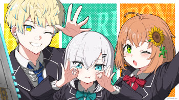 1boy 2girls :d :o :t ahoge apex_legends ars_almal blazer blonde_hair blue_eyes blue_hair blue_jacket blush bow bowtie brown_hair collared_shirt double_ok_sign flower green_eyes hair_between_eyes hair_flower hair_ornament hairclip hibachi_mana highres honma_himawari honma_himawari_(1st_costume) jacket long_sleeves looking_at_viewer multicolored_eyes multicolored_hair multiple_girls necktie nijisanji ok_sign one_eye_closed open_hand open_mouth parallel_hairclips portrait red_bow red_bowtie school_uniform shirt short_hair simple_background smile streaked_hair sunflower sunflower_hair_ornament tatami_kami teeth two-tone_eyes virtual_youtuber white_hair white_shirt yellow_eyes