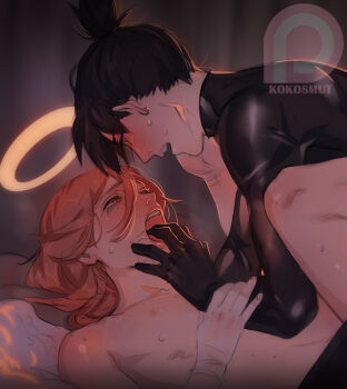 2boys angel_devil_(chainsaw_man) angel_wings black_hair blush bodysuit chainsaw_man cropped fingers_to_mouth glowing glowing_halo hair_between_eyes halo hayakawa_aki kokoko-sir latex latex_bodysuit long_hair looking_at_another lying male_focus multiple_boys nipples nude on_back on_bed paid_reward_available patreon_logo patreon_username short_hair sweat teeth traditional_halo upper_teeth_only white_wings wings yaoi