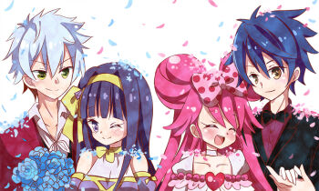 Rule 34 | 2boys, 2girls, ;), ^ ^, black suit, blue flower, blue hair, blush, cayenne (lady jewelpet), closed eyes, closed mouth, commentary request, couple, dress, flower, formal clothes, holding hands, jewelpet (series), lady jewelpet, libottle, lilian (lady jewelpet), miura (jewelpet), momona, multiple boys, multiple girls, one eye closed, petals, pink hair, portrait, purple hair, red suit, smile, suit, wedding, wedding dress, white background, white hair