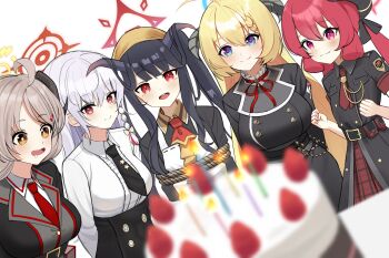 5girls ahoge akari_(blue_archive) belt birthday black_belt black_dress black_jacket black_necktie blonde_hair blue_archive blue_eyes blue_halo blush bound braid breasts cake candle closed_mouth collared_dress collared_shirt commentary_request dress food fruit fuuka_(blue_archive) grey_hair halo haruna_(blue_archive) highres horns izumi_(blue_archive) jacket junko_(blue_archive) kkkk_(laa2973) korean_commentary looking_at_viewer multicolored_hair multiple_girls necktie open_mouth red_eyes red_hair red_halo red_necktie saliva shirt smile strawberry streaked_hair tied_up_(nonsexual) tongue white_hair white_shirt yellow_eyes yellow_halo