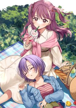 2girls blue_jacket blush book bread brown_eyes brown_hair collarbone commentary_request cup dress drinking_straw food highres holding holding_cup jacket long_hair looking_at_viewer lying matsuzaki_miyuki multiple_girls on_back original outdoors picnic_basket pink_jacket purple_hair red_shirt shirt short_hair sleeping sunlight two_side_up wind yellow_dress
