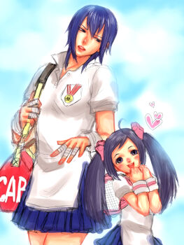 Rule 34 | 2girls, armlet, ayuhara natsu, bag, blue hair, capcom, duffel bag, hair ribbon, heart, height difference, jewelry, justice gakuen, karuizawa momo, morito leaf9, multiple girls, racket, ribbon, school uniform, short hair, tennis racket, twintails, wristband