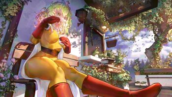 1girl absurdres bodysuit boku_no_hero_academia boots breasts cape chopsticks cloud commentary cosplay english_commentary flower from_below gloves green_eyes green_hair hagakure_toru highres holding holding_chopsticks instant_cup_noodles instant_noodles jumpsuit large_breasts leaf messy_hair one-punch_man outdoors red_boots red_gloves saitama_(one-punch_man) saitama_(one-punch_man)_(cosplay) sitting solo superhero_costume thick_eyelashes thick_thighs thighs tkom white_cape wooden_floor yellow_bodysuit yellow_jumpsuit zipper_pull_tab