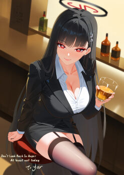 1girl absurdres alternate_costume birdking_(king33) black_hair black_halo black_jacket black_skirt blue_archive blush breasts bright_pupils brown_thighhighs cleavage closed_mouth collarbone collared_shirt cup english_text feet_out_of_frame hair_ornament hairclip halo hand_up highres holding holding_cup indoors jacket large_breasts long_sleeves looking_at_viewer red_eyes rio_(blue_archive) shirt sitting skirt solo thighhighs white_pupils white_shirt