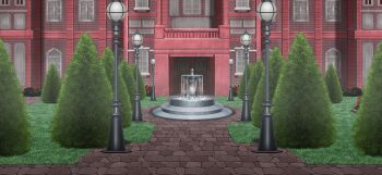 balcony bush day door flower fountain game_cg garden lamppost mansion no_humans non-web_source official_art open_mouth path red_flower road scarlet_devil_mansion scenery topiary touhou touhou_gensou_eclipse tree window