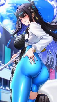 1girl 404_(pixiv_94263879) asymmetrical_horns black_hair black_horns blue_hair blue_pantyhose blush breasts cowboy_shot from_behind highres hololive hololive_english horns jacket large_breasts mole mole_under_eye multicolored_hair nerissa_ravencroft pantyhose purple_eyes race_queen solo two-tone_hair uneven_horns virtual_youtuber white_jacket