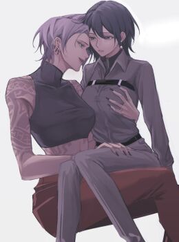 2girls arm_tattoo black_hair black_nails black_shirt blush chest_strap chief_(path_to_nowhere) commentary crop_top earrings female_chief_(path_to_nowhere) grabbing_another&#039;s_breast grabbing_from_behind grey_hair grey_pants grey_shirt groping halterneck highres jewelry long_hair looking_at_another multiple_girls okkoooome pants parted_lips path_to_nowhere red_pants shirt short_hair shoulder_tattoo simple_background sitting sitting_on_lap sitting_on_person sleeveless sleeveless_shirt smile tattoo white_background yuri zoya_(path_to_nowhere)