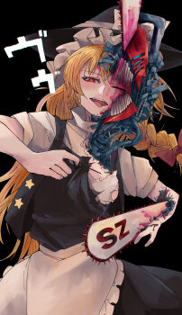 1girl absurdres apron balenciaguy black_hat black_skirt black_vest blonde_hair blood blush bow braid chain chainsaw_devil chainsaw_man commentary_request cookie_(touhou) cowboy_shot frilled_apron frills hair_bow hat hat_bow highres kirisame_marisa long_hair looking_at_viewer one_eye_closed open_mouth red_bow red_eyes shirt side_braid simple_background single_braid skirt solo star_(symbol) suzu_(cookie) tongue tongue_out torn_clothes torn_shirt torn_vest touhou unusually_open_eyes vest waist_apron white_apron white_bow white_shirt witch_hat