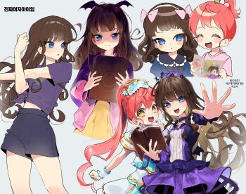 2girls :d absurdres aged_down black_shorts blue_eyes book bow breasts brown_hair cardigan cf_sdg closed_eyes dress grey_background hair_bow hashtag-only_commentary highres holding holding_book idol_clothes korean_text kurosu_aroma long_hair long_sleeves looking_at_another looking_at_viewer looking_to_the_side midriff multiple_girls multiple_views open_book open_hand open_mouth paprika_private_academy_school_uniform pink_bow pink_cardigan ponytail pretty_series pripara purple_shirt red_hair school_uniform shaded_face shiratama_mikan shirt short_sleeves shorts small_breasts smile standing stretching translation_request wrist_cuffs yellow_dress yellow_eyes