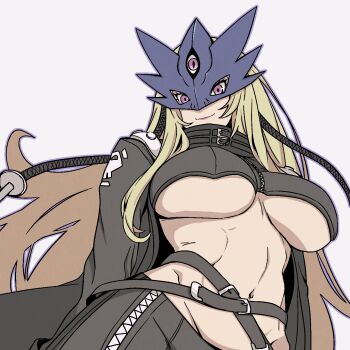 1girl ayu_(ddestiny944) beelstarmon black_coat blonde_hair blue_male_swimwear breasts coat digimon digimon_(creature) eye_mask highres large_breasts long_hair male_swimwear mask navel purple_eyes simple_background solo underboob upper_body white_background