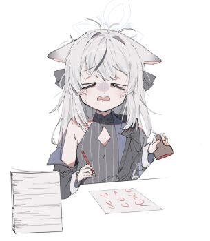 >_< 1girl animal_ears black_dress black_jacket black_ribbon blue_archive closed_eyes clothing_cutout crying dress grey_hair hair_ribbon halo highres holding ink_stamp jacket kokona_(blue_archive) long_hair long_sleeves multicolored_hair noyama_(prosiuttooishi) off_shoulder open_clothes open_jacket paper paper_stack ribbon simple_background streaked_hair tears white_background