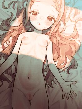 1girl absurdres aoba_kokona bed breasts brown_hair completely_nude eisu_(eith) forehead hair_ornament hairclip has_bad_revision has_censored_revision highres loli long_hair lying navel nipples nude on_back on_bed pussy small_breasts sweat thigh_gap yama_no_susume