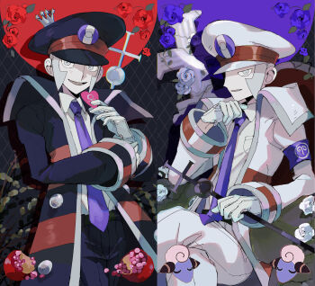2boys armband black_hat black_pants blue_flower blue_necktie blue_rose brothers cross crown emmet_(pokemon) flower food fruit gen_2_pokemon grey_eyes grey_hair hat highres holding holding_staff ingo_(pokemon) looking_at_viewer male_focus mareep mini_crown multiple_boys necktie nintendo onigiri_(ahku5522) open_mouth pants pokemon pokemon_(creature) pokemon_bw pomegranate rose siblings split_screen staff taurus_(symbol) twins white_hat