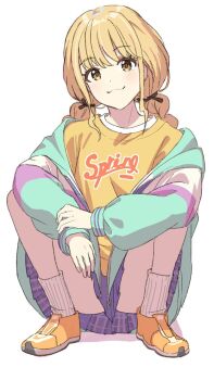 1girl blonde_hair blush braid closed_mouth dededecopon fujita_kotone gakuen_idolmaster highres idolmaster long_hair long_sleeves plaid_clothes plaid_skirt pleated_skirt purple_skirt shirt shoes simple_background skirt socks solo squatting twin_braids white_background white_socks yellow_eyes yellow_shirt yellow_shoes