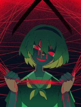 1girl black_headband blonde_hair blood blood_on_face caffstrink commentary english_commentary evil_smile head_tilt headband highres higurashi_no_naku_koro_ni higurashi_no_naku_koro_ni_gou holding holding_string houjou_satoko looking_at_viewer neckerchief red_eyes sailor_collar shaded_face short_hair smile solo string string_of_fate white_sailor_collar yellow_neckerchief