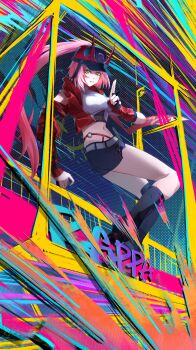 1girl absurdres ass asymmetrical_sleeves baseball_cap belt black_hat black_leg_warmers black_shorts breasts character_name commentary commentary_request crop_top english_commentary fishnet_top fishnets full_body graffiti green_eyes grin hat highres honkai:_star_rail honkai_(series) horned_hat jacket kuji-in leg_warmers long_hair looking_at_viewer may_7th_(akirahong_1130) medium_breasts midriff mixed-language_commentary navel pink_hair ponytail rappa_(honkai:_star_rail) red_arm_warmers red_jacket shirt short_shorts shorts sidelocks smile solo teeth tied_shirt uneven_sleeves very_long_hair white_belt white_shirt wrist_belt