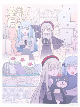 4girls absurdres bang_dream! bang_dream!_it&#039;s_mygo!!!!! blue_dress blue_hair commentary_request dress green_hair highres long_hair long_sleeves mortis_(bang_dream!) mortis_(costume)_(bang_dream!) mortis_(persona)_(bang_dream!) multiple_girls nervous_sweating open_mouth orange_eyes plaid_clothes plaid_dress reiboubyou sparkle star-shaped_pupils star_(symbol) sweat symbol-shaped_pupils togawa_sakiko unmoving_pattern wakaba_mutsumi wallet waving yahata_umiri yellow_eyes