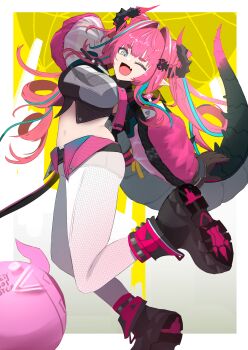 1girl absurdres arknights arknights:_endfield black_boots blue_eyes blush boots breasts commentary fang fishnet_pantyhose fishnets grey_shirt grey_shorts hair_intakes highres horns jacket large_breasts long_hair looking_at_viewer nikaidou_tetsuo one_eye_closed open_clothes open_jacket open_mouth pantyhose pink_hair pink_jacket shirt short_shorts shorts skin_fang solo tail twintails yvonne_(arknights)