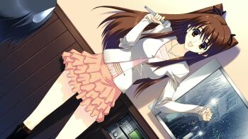 arm_up bare_legs black_bow black_bowtie black_hair bow bowtie brown_eyes brown_hair dress game_cg holding holding_microphone jewelry karaoke karaoke_box kitahara_haruki long_hair microphone music nakamura_takeshi necklace non-web_source official_art ogiso_setsuna open_mouth pink_dress pink_frills pink_skirt shirt singing skirt sweatdrop television thighhighs twintails white_album_(series) white_album_2 white_shirt zettai_ryouiki