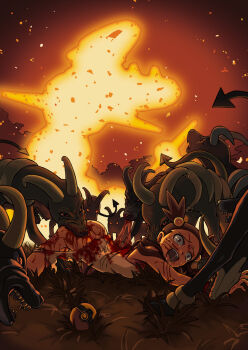 1990s_(style) 1girl bad_end biting blood death eating epic fangs fire gen_2_pokemon glowing glowing_eyes grass guro gym_leader hair_bobbles hair_ornament hard_vore horns houndoom imminent_death intestines jasmine_(pokemon) night nintendo open_mouth pain poke_ball pokemon pokemon_(creature) pokemon_gsc red_eyes retro_artstyle sabaku_chitai scratches short_twintails snuff steelix tears torn_clothes twintails two_side_up vore bad_tag