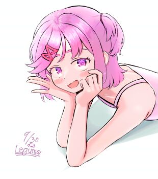 1girl absurdres artist_name blush dated doki_doki_literature_club eyelashes hair_ornament hairclip hands_on_own_face head_rest highres leguma looking_at_viewer lying natsuki_(doki_doki_literature_club) on_stomach open_mouth pink_eyes pink_hair short_hair simple_background smile solo two_side_up white_background