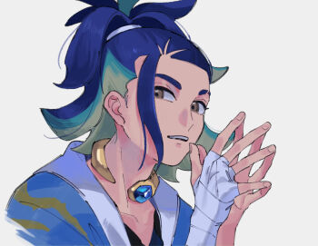 Rule 34 | 1boy, adaman (pokemon), arm wrap, blue coat, blue hair, brown eyes, coat, commentary, eyebrow cut, hairband, hand wraps, hatemadeimym, high ponytail, jewelry, looking at viewer, loose hair strand, male focus, multicolored hair, neck ring, nintendo, parted lips, pokemon, pokemon legends: arceus, ponytail, solo, steepled fingers, teeth, upper teeth only, white background, white hairband