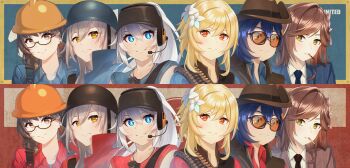 6+girls absurdres acrylicstroke belle_(zenless_zone_zero) blonde_hair blu_engineer_(tf2) blu_scout_(tf2) blu_sniper_(tf2) blu_soldier_(tf2) blu_spy_(tf2) blue_eyes blue_hair blue_jacket blue_necktie blue_shirt braid brown_eyes brown_hair brown_vest bullet bulletproof_vest cigarette closed_mouth collared_shirt commission commissioner_upload cosplay dog_tags earrings engineer engineer_(tf2) engineer_(tf2)_(cosplay) entropy_(honkai_impact_3rd) female_dreamseeker_(honkai_impact) flower formal_clothes genshin_impact glasses green_eyes grey_hair hair_flower hair_ornament hat headphones helmet highres honkai:_star_rail honkai_(series) honkai_impact_3rd jacket jewelry kiana_kaslana kiana_kaslana_(herrscher_of_flamescion) leylah_(honkai_impact) long_hair looking_at_viewer lumine_(genshin_impact) medium_hair mihoyo multiple_girls necktie non-web_source orange_eyes ponytail red_engineer_(tf2) red_jacket red_necktie red_scout_(tf2) red_shirt red_sniper_(tf2) red_soldier_(tf2) red_spy_(tf2) rosa_(tears_of_themis) scout_(tf2) scout_(tf2)_(cosplay) semi-rimless_eyewear shirt short_hair short_sleeves single_earring smile smoking sniper_(tf2) sniper_(tf2)_(cosplay) soldier_(tf2) soldier_(tf2)_(cosplay) spy_(tf2) spy_(tf2)_(cosplay) stelle_(honkai:_star_rail) striped_clothes striped_jacket sunglasses team_fortress_2 tears_of_themis trailblazer_(honkai:_star_rail) upper_body vertical-striped_clothes vertical-striped_jacket very_long_hair vest white_flower white_hair white_shirt yellow_eyes zenless_zone_zero