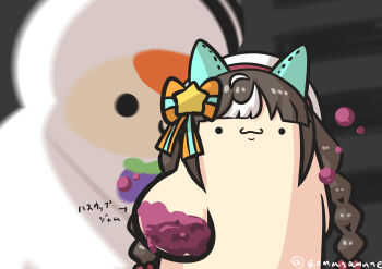 Rule 34 | 1girl, absurdres, animal ears, arrow (symbol), beret, black hair, blurry, blurry background, bow, braid, closed mouth, depth of field, goma (gomasamune), gundam aerial slap (meme), hair bobbles, hair bow, hair ornament, hat, highres, hokko tarumae (umamusume), horse ears, long hair, looking at viewer, meme, multicolored hair, reaching, reaching towards viewer, smile, solid circle eyes, solo focus, star (symbol), star hair ornament, streaked hair, striped bow, translation request, twin braids, twintails, twitter username, umamusume, very long hair, white hair, white headwear