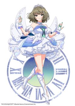 1girl bare_shoulders blue_eyes boots dress full_body green_eyes green_hair heterochromia high_heel_boots high_heels idolmaster idolmaster_cinderella_girls kisumi_rei looking_at_viewer mole mole_under_eye official_art short_hair smile solo takagaki_kaede tiara white_dress