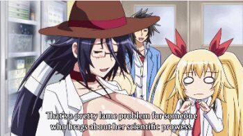 1boy 3girls animated animated_gif black_hair blonde_hair bouncing_breasts breasts cleavage gigantic_breasts hizuki_ayana hizuki_touko kagaku_na_yatsura kuze_airi lowres multiple_girls nipples nozaki_masaya purple_hair subtitled