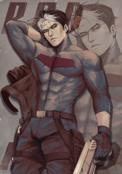 1boy bat_signal batman_(series) batman_symbol black_bodysuit black_gloves black_hair blue_eyes bodysuit brown_jacket commentary dc_comics english_commentary gloves grey_bodysuit highres jacket jason_todd male_focus multicolored_bodysuit muscular muscular_male non_unooo pants red_hood_(dc) red_hood_and_the_outlaws short_hair superhero_costume taut_bodysuit two-tone_bodysuit