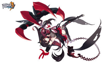 1girl absurdres black_dress black_hair black_thighhighs breasts chain chinese_commentary claws commentary_request copyright_logo diudiulang dress gloves grin highres honkai_(series) honkai_impact_3rd large_breasts logo long_hair looking_at_viewer multicolored_hair red_eyes red_gloves red_hair seele_(alter_ego) seele_vollerei seele_vollerei_(starchasm_nyx) simple_background smile solo thighhighs two-tone_hair very_long_hair white_background