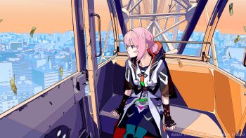 1girl absurdres aqua_pantyhose black_gloves black_hat blue_dress blue_eyes blue_hood braid city closed_mouth coat collarbone company_name copyright_notice day door dress ferris_wheel ferris_wheel_interior fingerless_gloves gloves green_dress hair_bun hat highres hood hooded_coat kaf_(kamitsubaki_studio) kamitsubaki_studio looking_to_the_side medium_hair money multicolored_dress orange_dress orange_hood orange_sky pantyhose pink_hair pom_pom_(clothes) red_pupils short_sleeves sitting sky solo tanaka_hirotaka virtual_youtuber white_coat white_dress yellow_pupils