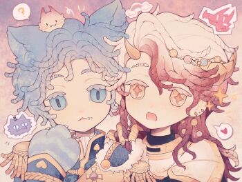 2boys animal_ears animal_hands blue_eyes blue_hair button_eyes buttons cat_ears cat_paws chunjian_(chenlu769) colored_eyelashes commentary_request eyelashes fangs frederick_kreiburg frederick_kreiburg_(dragon_hunter) gradient_hair heart highres horns identity_v long_hair male_focus multicolored_hair multiple_boys naib_subedar naib_subedar_(cheshire_cat) official_alternate_costume portrait raised_eyebrows red_hair slit_pupils spoken_heart star-shaped_pupils star_(symbol) symbol-shaped_pupils triangle_mouth wavy_hair white_hair yellow_horns