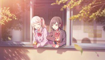 1girl 1other :o akiyama_mizuki arm_up bag blazer blurry bow bowtie braid brown_cardigan brown_eyes brown_hair cardigan closed_eyes collared_shirt colorful_palette depth_of_field diagonal-striped_bow diagonal-striped_bowtie diagonal-striped_clothes drill_hair drill_ponytail drink_carton game_cg hair_ribbon high_side_ponytail highres holding holding_juice_box holding_phone jacket juice_box kamiyama_high_school_uniform_(project_sekai) laughing leaf light_blush medium_hair official_art open_mouth open_window phone pink_cardigan pink_hair project_sekai raised_eyebrows ribbon samenai_gensou_wo_nokku_shite_(project_sekai) school school_bag school_uniform shinonome_ena shirt short_hair side_braid single_braid smile striped_bow striped_bowtie striped_clothes third-party_source tree twin_drills white_shirt window