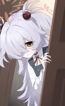 1girl blue_archive brown_hair door dress halo highres japanese_text kanoe_(blue_archive) kumakono long_hair shirt solo white_shirt