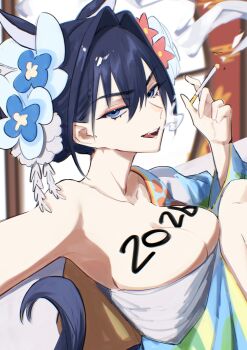2026 absurdres animal_ears bare_shoulders blue_eyes blue_hair breasts cigarette cleavage collarbone commentary english_commentary fangs flower hair_flower hair_ornament hair_up highres holding holding_cigarette hololive hololive_english horse_ears hunk_404 japanese_clothes kimono looking_at_viewer ouro_kronii single_sleeve tail umamusume