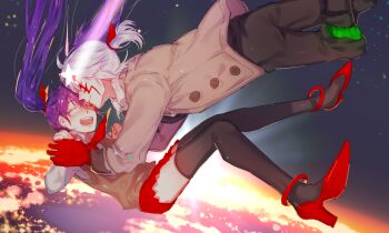 1boy 1girl ahoge allen_walker anklet black_background black_pants black_thighhighs blue_sky brown_coat brown_vest buttons closed_eyes coat collared_shirt colored_extremities colored_skin comet commentary couple d.gray-man dress_shirt earth_(planet) english_commentary facial_mark facing_another falling floating floating_hair hair_between_eyes hair_ribbon happy high_heels holding_hands jewelry ki-pya legs lenalee_lee long_hair long_sleeves medium_hair miniskirt neckerchief open_mouth pants planet pleated_skirt ponytail purple_hair red_neckerchief red_ribbon red_shoes red_skin red_skirt ribbon scar scar_across_eye scar_on_face shirt shoes short_ponytail sidelocks skirt sky smile space star_(symbol) sun sunlight sweater_vest thighhighs thighs trench_coat twintails very_long_hair vest white_hair white_shirt