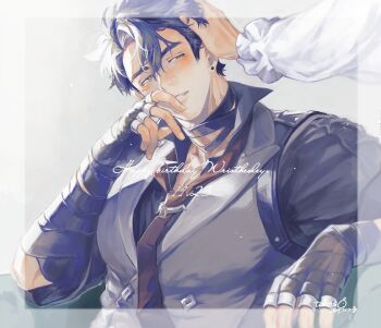 Rule 34 | 2boys, bandaged arm, bandaged neck, bandages, black bandages, black gloves, black hair, commentary request, dated, earrings, fingerless gloves, genshin impact, gloves, grey hair, hair between eyes, hand on another's head, happy birthday, highres, jewelry, male focus, multicolored hair, multiple boys, necktie, neuvillette (genshin impact), out of frame, parted lips, scar, scar on neck, short hair, sideburns, signature, solo focus, streaked hair, teeth, telbo z, wriothesley (genshin impact)