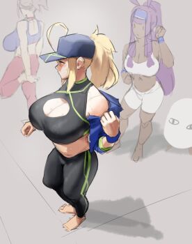 1other 3girls ahoge artoria_pendragon_(fate) barefoot baseball_cap bike_shorts black_sports_bra blonde_hair blue_jacket breasts cleavage cleavage_cutout clothing_cutout commentary dark-skinned_female dark_skin english_commentary eu03 exercising fate/grand_order fate_(series) hat highres hot huge_ahoge huge_breasts jacket large_breasts long_hair medjed_(fate) miyamoto_musashi_(fate) multiple_girls mysterious_heroine_x_(fate) mysterious_heroine_xx_(fate) nitocris_(fate) off_shoulder open_clothes open_jacket pants ponytail purple_hair short_ponytail sidelocks solo_focus sports_bra stretching sweat thick_thighs thighs wristband yoga_pants