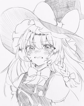 1girl bow bowtie braid commentary_request crying crying_with_eyes_open greyscale hair_bow hat hat_bow highres kirisame_marisa monochrome puffy_short_sleeves puffy_sleeves ringo33757 short_sleeves side_braid single_braid sketch solo tears touhou traditional_media upper_body vest witch_hat