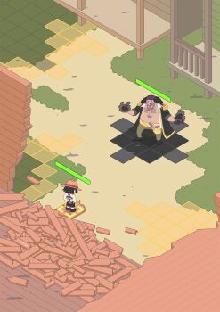 2boys artist_name back_tattoo black_hair black_shorts chibi commentary english_commentary epaulettes hat health_bar highres jolly_roger long_hair long_nose lv5plant male_focus marshall_d._teach missing_tooth multiple_boys one_piece orange_hat portgas_d._ace short_hair shorts smile tattoo topless_male whitebeard_pirates_jolly_roger