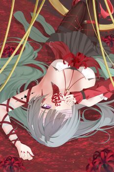 1girl absurdres arm_up bandage_over_one_eye black_pantyhose black_skirt breasts commentary dress fingernails flower grey_hair halter_dress halterneck highres holding holding_flower large_breasts long_hair looking_at_viewer lying nail_polish on_back pantyhose phrolova_(wuthering_waves) purple_eyes red_dress red_nails skirt solo spider_lily tacet_mark_(wuthering_waves) wuthering_waves yuzu_sakura_(sgfe3347)