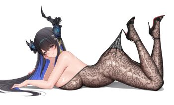 1girl absurdres alternate_costume arched_back ass asymmetrical_horns bare_shoulders black_hair black_pantyhose black_shoes blue_hair breasts cleavage colored_inner_hair commentary crystal_horns demon_horns dino_tokino feet_up floral_print_pantyhose flower from_side hair_ornament head_rest high-waist_pantyhose high_heels highres hololive hololive_english hooked_on_heel horn_flower horns huge_breasts lace lace_bodysuit lace_pantyhose lace_pantyhose_hooked_on_heel_(meme) large_breasts long_hair looking_at_viewer lying meme mole mole_under_eye multicolored_hair nerissa_ravencroft on_stomach only_pantyhose open-toe_shoes pantyhose pantyhose_tug red_eyes see-through_pantyhose shoes simple_background smile solo strappy_heels symbol-only_commentary the_pose two-tone_hair uneven_horns very_long_hair virtual_youtuber white_background